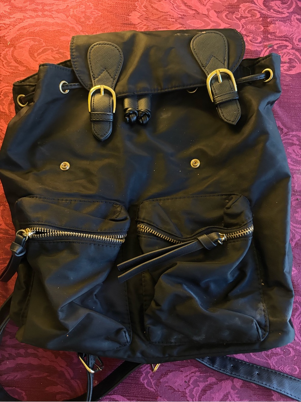 Black Men's Nylon Drawstring Backpack with Front Pockets